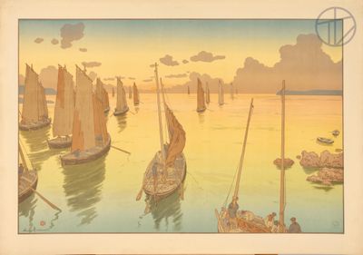 a picture of a painting of boats in the water