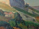 a painting of a mountain with a sky background