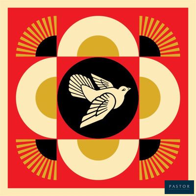 une image représentant un oiseau blanc volant sur un fond rouge et jaune