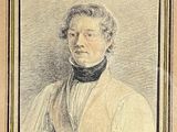 an old drawing of a man in a white coat and black tie
