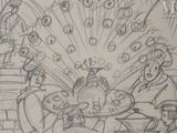 a drawing of a group of people sitting around a table