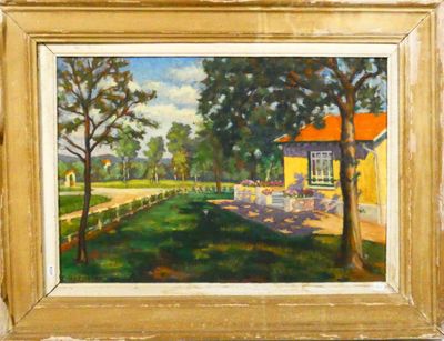 HAEUSLER (XXe siècle). Paysage à la maison jaune, 1942.