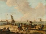 une image représentant un tableau montrant des personnes sur une plage, avec des bateaux en arrière-plan