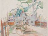 une image représentant une aquarelle d'un bâtiment dans un parc