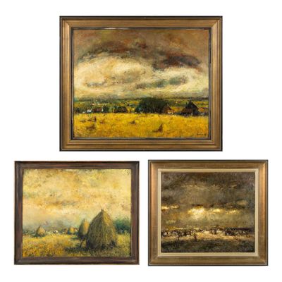 trois tableaux représentant un paysage avec des balles de foin et une grange au loin