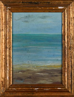 an oil painting of a beach scene in a gold frame