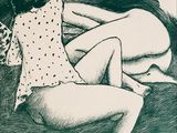 drawing of a woman sitting on a couch with her legs crossed