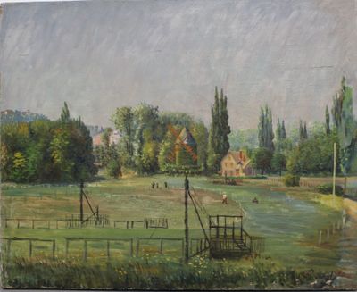 an oil painting of a field with a fence and a house in the distance