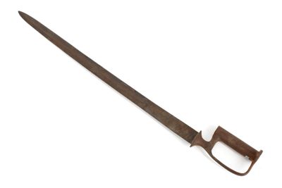 a close up of a knife with a wooden handle on a white background