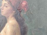 an oil painting of a woman in a red head scarf