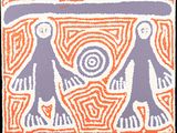 un tableau aux tons orange et violet représentant deux personnes marchant en cercle