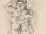 pencil drawing of a man holding an umbrella and a hat