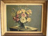 an oil painting of a vase of flowers on a table