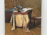 an oil painting of a table with a book and a candle on it