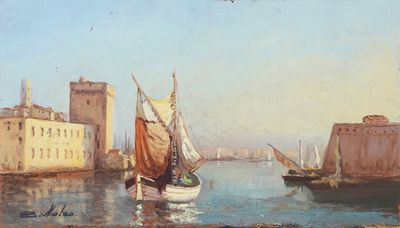 une peinture représentant une scène portuaire avec des bateaux dans l'eau