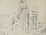 an old drawing of a woman and two dogs in a field
