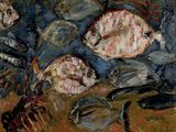 une peinture représentant un groupe de poissons sur une table