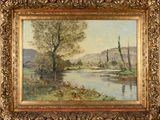 an image of a painting of a river with trees in the foreground
