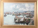 a painting of a harbor scene with boats on the water