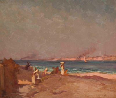 une peinture de personnes sur la plage au bord de l'eau