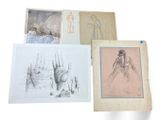 several drawings of people and animals are displayed on a white surface