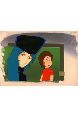 a painting of a man and a woman in a red shirt and black hat