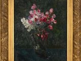 an oil painting of flowers in a vase on a table