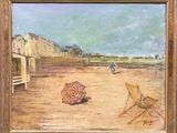 a painting of a beach scene with a chair and umbrella