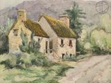 peinture représentant une maison au toit de chaume, avec un chemin devant