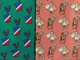 three different colored ties with different designs on them on a table