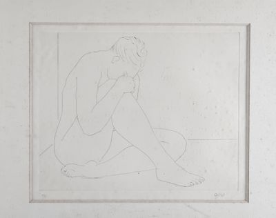 drawing of a woman sitting on the ground with her legs crossed
