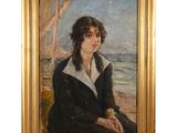 a painting of a woman in a black dress sitting on a beach