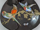 a black plate with two birds and a dragonfly on it