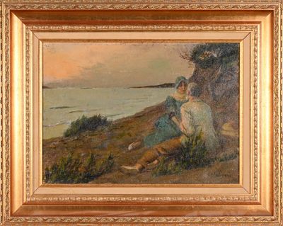 an oil painting of a woman sitting on a cliff overlooking the ocean