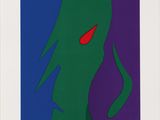 a painting of a green fish with a red nose and green eyes