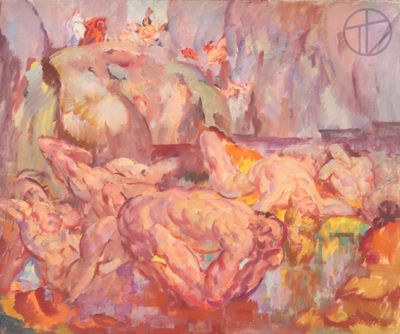 painting of a group of nudes on a couch in a living room