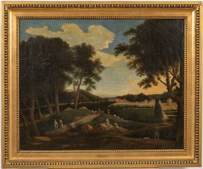 a painting of a landscape with a river and people in the foreground