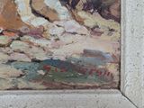 an oil painting of a man riding a horse in a rocky area