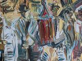 painting of a group of people walking down a street with tents in the background