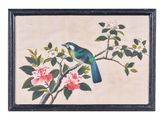 painting of a bird sitting on a branch of a tree with pink flowers