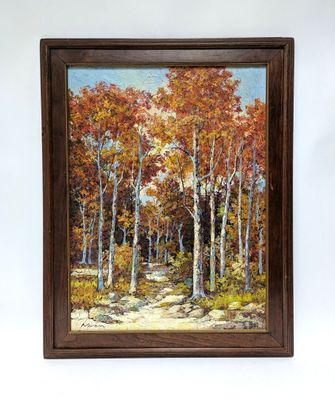 a painting of a painting of a forest with trees in autumn