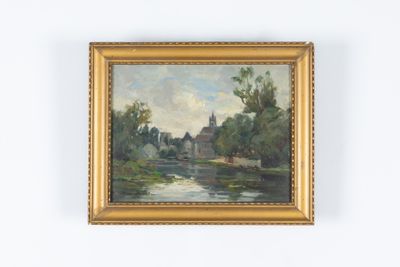 une image représentant une peinture d'une rivière avec des arbres et des bâtiments en arrière-plan