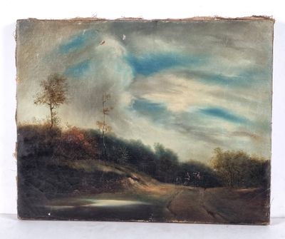 peinture représentant un paysage avec une route et des arbres sur une colline