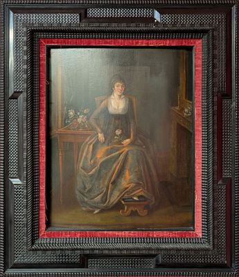 painting of a woman seated at a table with a cat in her lap
