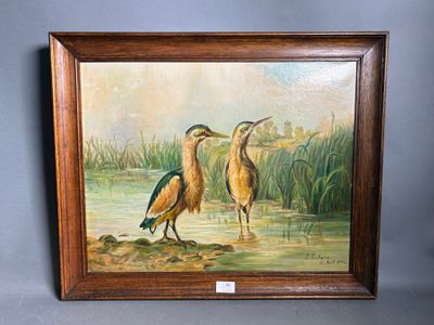a painting of two birds standing next to each other near water