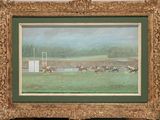 painting of a horse race with jockeys and jockeys on the track