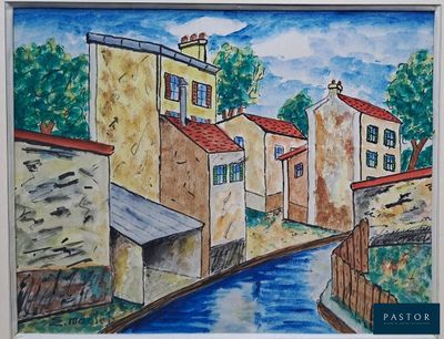 a picture of a painting of a town by the water