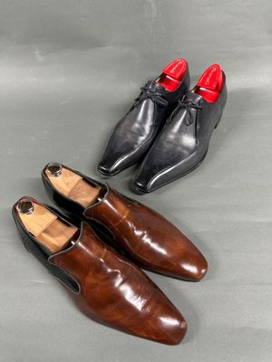 two pairs of brown and black shoes on a gray surface