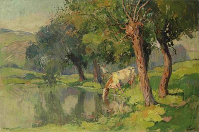 HENRI ROIDOT (1877-1960) Paysage avec vache s'abreuvant