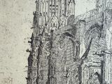 drawing of a large cathedral with a clock tower in the middle of it